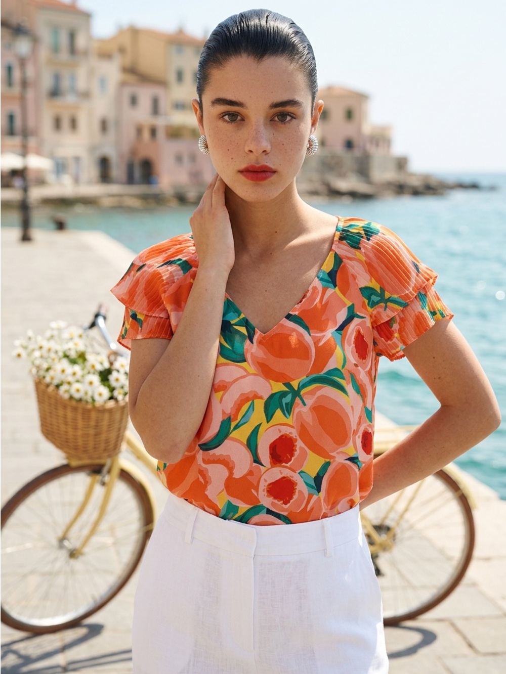 DR2  Women’s Med Peaches Pleated Flutter Short Sleeve Blouse V-neck